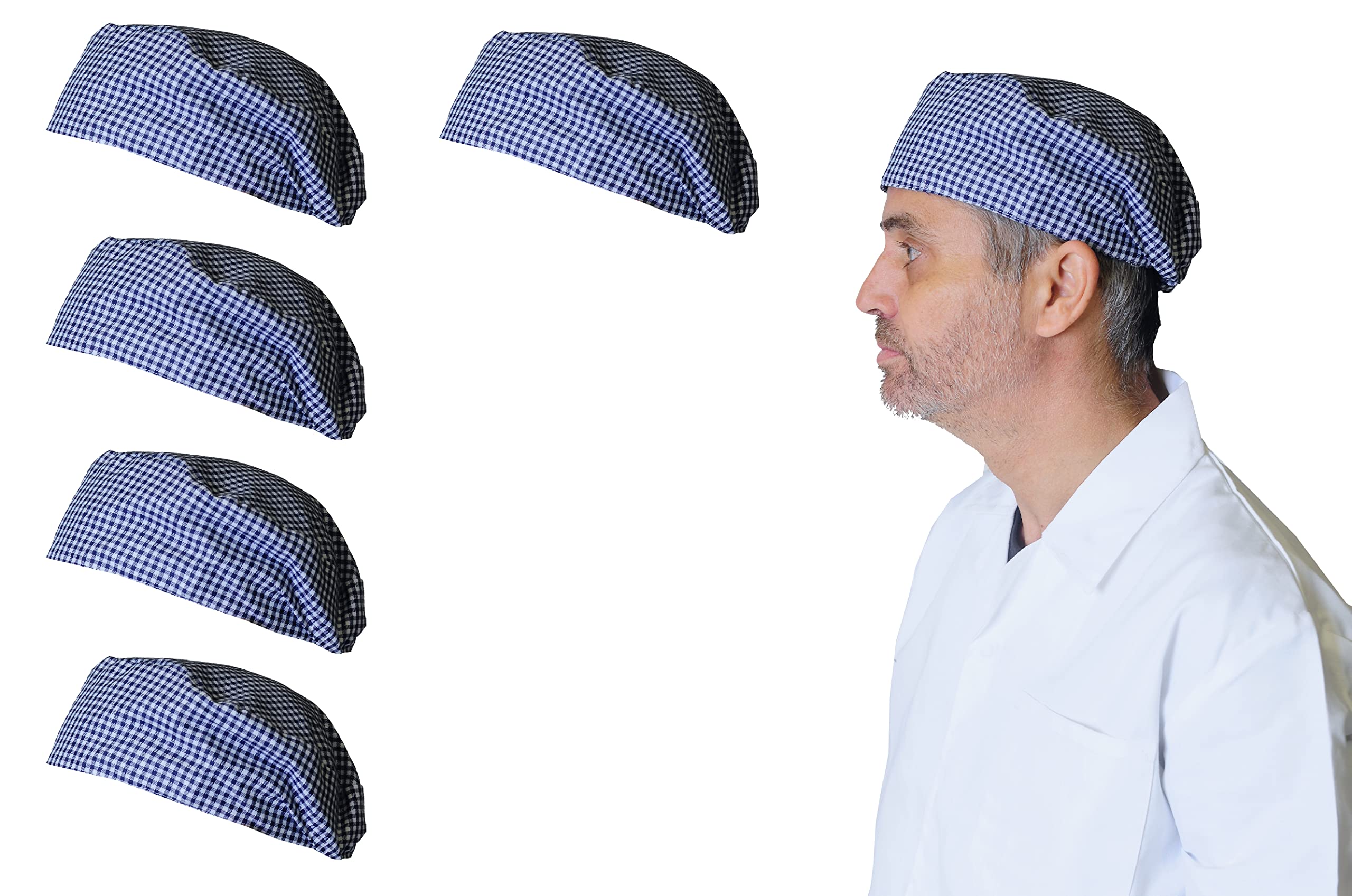 IBEX Polycotton Stripe Skull Caps Professional Catering Hat for Chefs, Cooks, Bakers, Mens and Womens, Blue Gingham (Pack of 5)