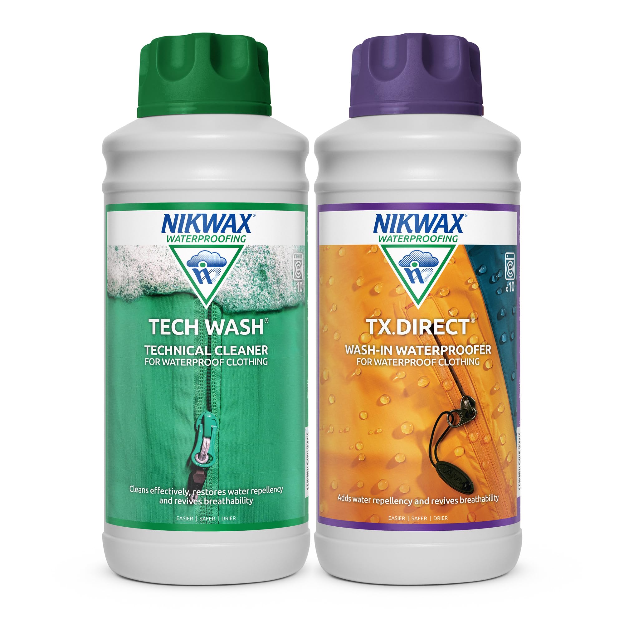 Nikwax TECH WASH and TX DIRECT Twin Pack, Technical Cleaner and Wash-In Waterproofer for Waterproof Clothing, Cleans, Waterproofs, Revitalizes Breathability, 2x 1L