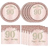 40PCS 90th Birthday Decorations for Women Rose Gold 1936 90 Year Old Theme Birthday Party Tableware Kit 90th Birthday Plates and Napkins Set for Women,Disposable 7'' Paper Plates, Napkins
