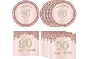 KHAIVI 40PCS 90th Birthday Decorations for Women Rose Gold 90th Theme Birthday Party Tableware 90 Year Old Birthday Party Decorations Plates Napkins Vintage 1934 Party Supplies for Women