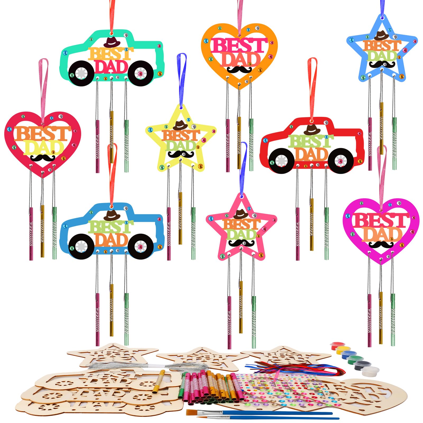 Fennoral 9 Pack DaD Wind Chime Kit for Kids Make You Own Fathers Day Craft DIY Coloring Wooden Father's Day Art and Craft for Art Activity Dad Birthday Decoration Dad Gifts from Daughter Son