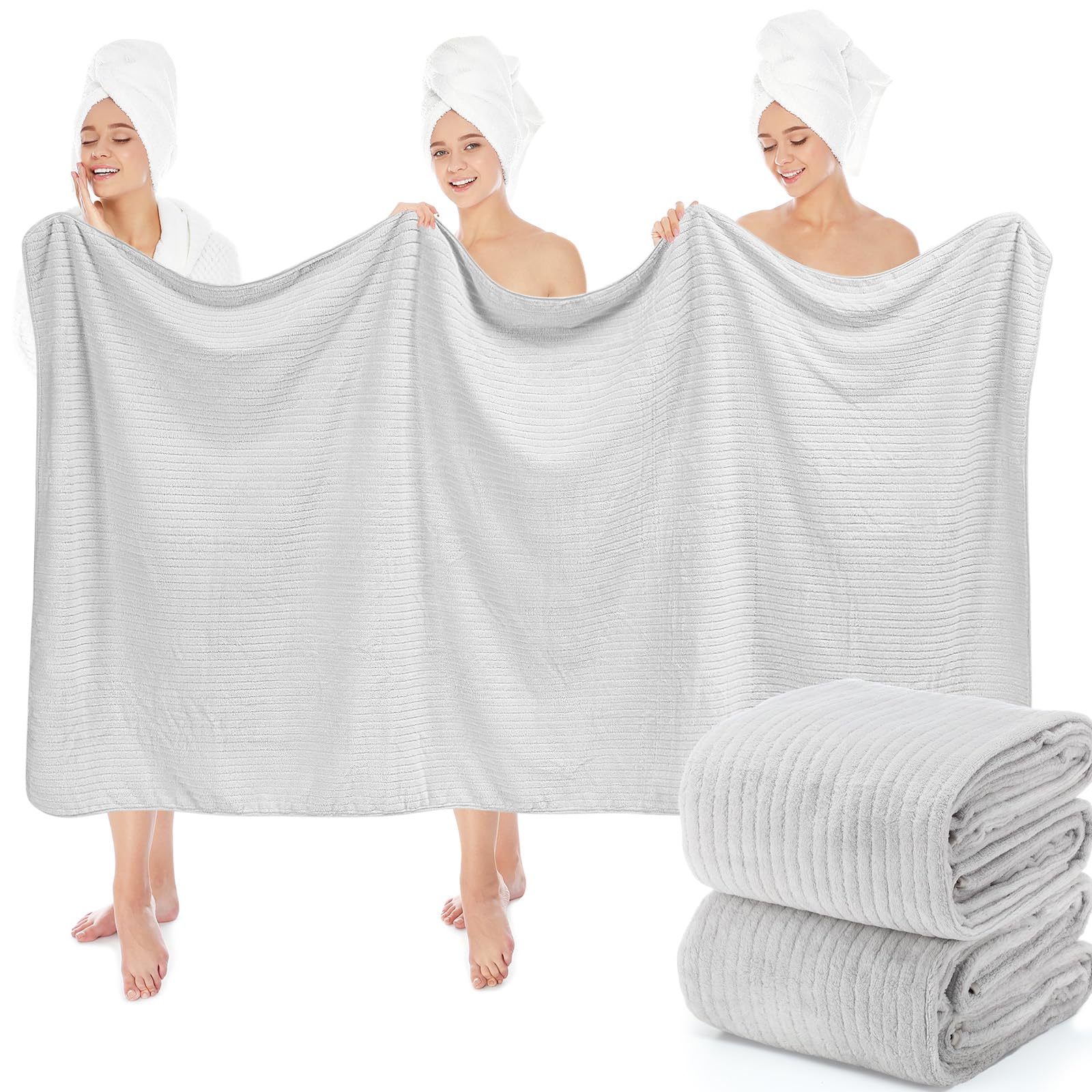 Photo 1 of 2 Pcs Oversized Bath Towels 40'' x 80'' for Adults Extra Large Jumbo Bath Sheet Coral Fleece XXL Beach Sheets Soft Quick Dry Absorbent Towels with Hanging Loop for Bathroom Spa (Light Gray)