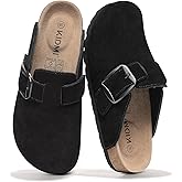 KIDMI Genuine Suede Clogs for Women Memory Foam Cork Footbed Potato Shoes Slip On Leather Mules with Big Buckle