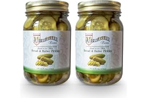 MUZARRELLI FARMS MUZZARELLI FARMS® Bread & Butter Pickles. Fresh Flavorful - Family Recipe for 40 years - No Gluten, No Preservatives - All Natural - Gourmet Snacks & Garnishes 16 fl oz Glass Mason Jar (Pack of 2) Hand-Selected Pickles Bottled for Peak Freshness and Flavor. Made in Vineland, Jersey USA