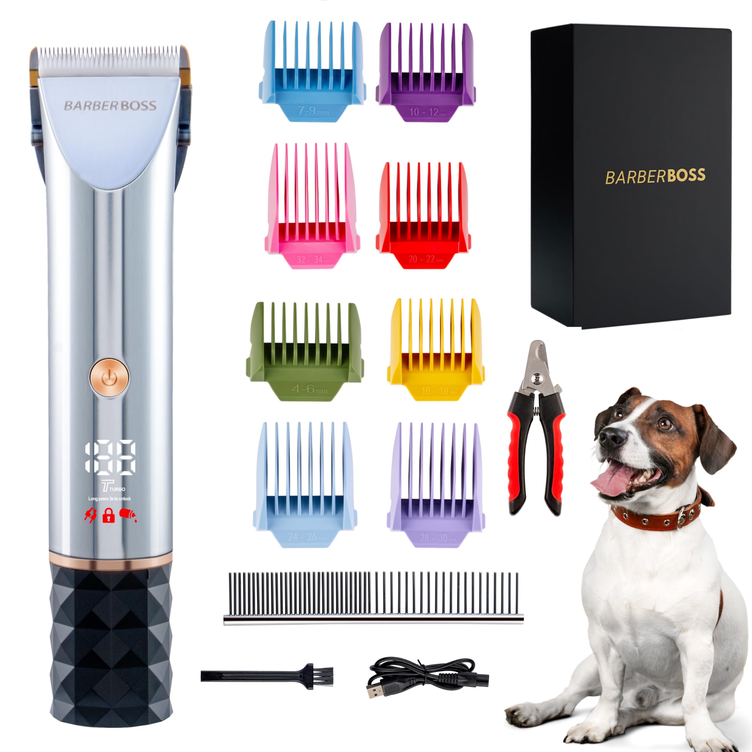 BARBERBOSS Pet Grooming Kit, Professional Dog Clippers for Thick Hair, Cat Clippers for Matted Fur, Cordless, Silver, Unisex, Pet Owners