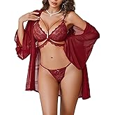 Avidlove Women Sexy Lingerie 3 Piece Set Sheer Mesh Robe with Lace Bra and Thong Sleepwear Nightwear
