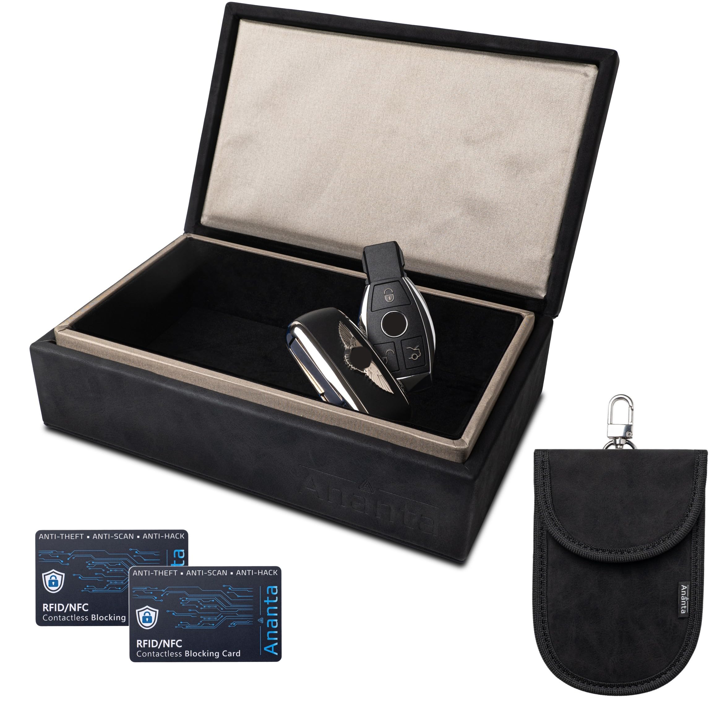 Ananta Faraday Box for Car Keys – Premium RFID Key Box with Secure Magnetic Close, Spare Key Pouch & RFID Blocking Cards (Black)