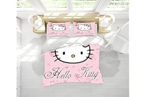 MKNAZ Cute Soft Duvet Cover Sets,3 Piece Cartoon Hallo Cat Bedding Set,Kawaii Anime Kitty Cat Decor Bedroom Gift with1 Duvet Cover and 2 Pillowcases for Kid and Girl… (Pink, Full)