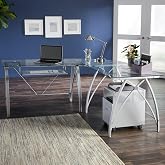 Realspace&reg; Vista Glass 76"W L-Shape Corner Desk, Silver