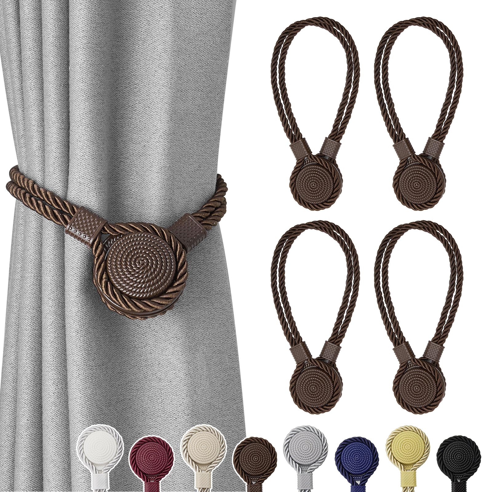 Pretty Jolly 4 Pack Strong Magnetic Curtain Tiebacks Unique Medal shape Decorative Drape Tie Backs Elegant Hand-Woven Rope Curtain Holdbacks for Home & Office Draperies Decor (Coffee)
