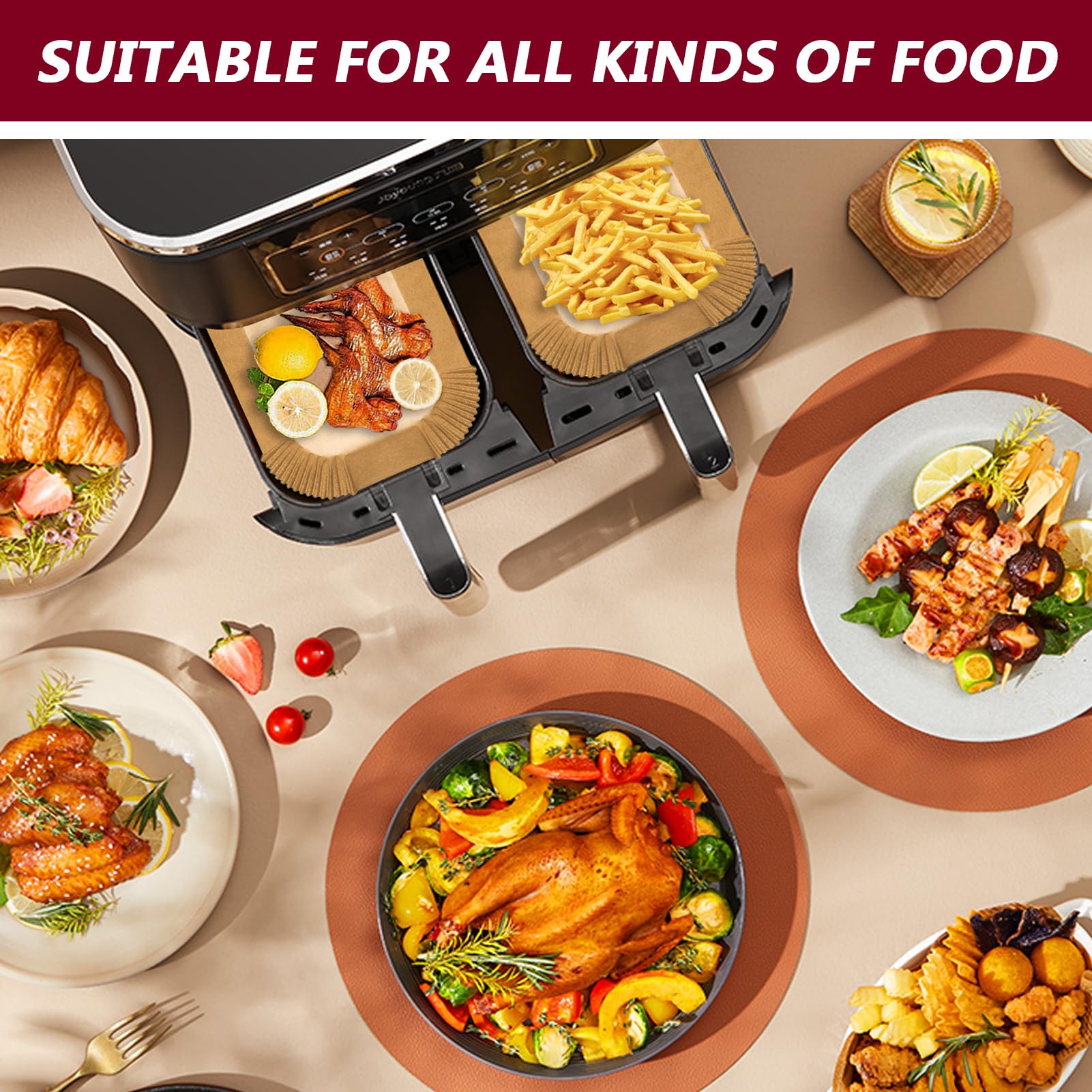 225PCS Air Fryer Disposable Paper Liners for Ninja DZ201/DZ401/DZ550/SL401 Dual Airfryer, Compatible with Bella 4Qt Slim and CHEFMAN 6 Quart Dual Basket Air Fryer, 8.6x5.5 inch Parchment Paper Liners