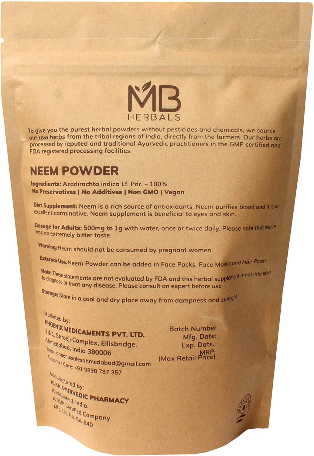 MB Herbals Pure Neem Powder 227 Gram | Half Pound | 8 Ounce | Pure Wild Crafted Neem Leaf Powder | Very Bitter Neem Supplement for Skin Hair and Detox | Azadirachta Indica: Health & Personal Care