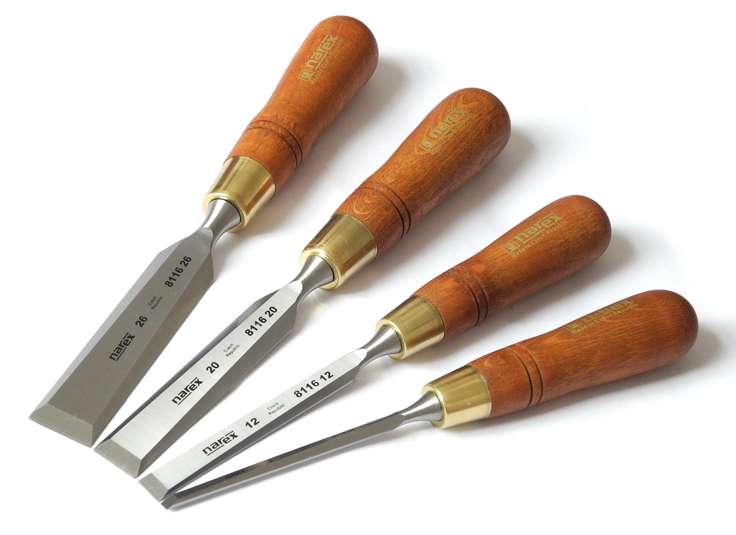 Narex Premium Bevel Edge Chisel Set with Stained Hornbeam Wood Waxed Handles, Set of 4 pcs