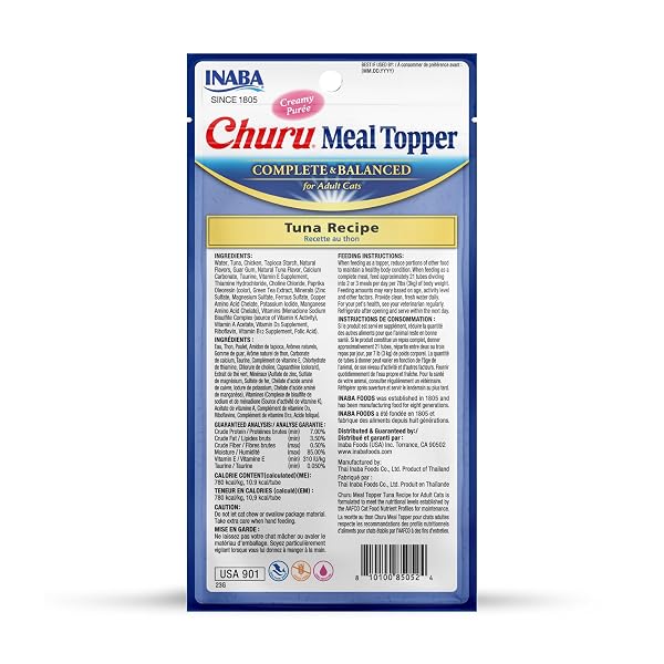 INABA CHURU MEAL TOPPER FOR CATS, COMPLETE & BALANCED, CREAMY, LICKABLE PURÉE CAT FOOD TOPPER, 0.5 OUNCE TUBE, 24 TUBES (4 PER PACK), TUNA RECIPE