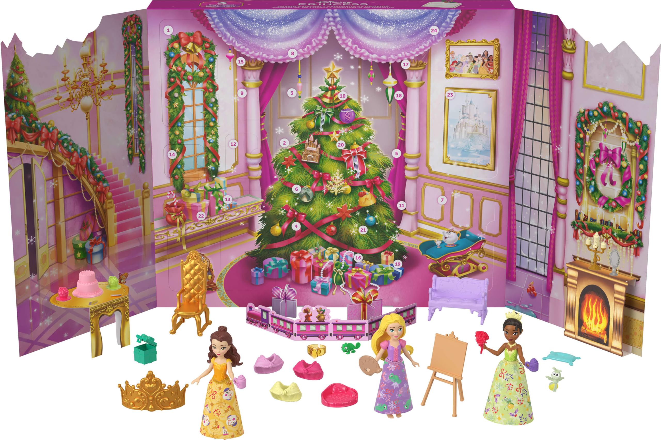 Mattel Disney Princess Doll Advent Calendar with 24 Days of Surprises, Including 3 Small Dolls, 3 Friends, 6 Fashions & 16 Accy Inspired by Movies, JFG79