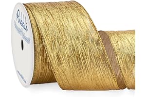 Ribbli Gold Crinkled Wired Ribbon with Metallic Gold Edge, Iridescent Gold Christmas Ribbon for Garland, Wreaths,Topper Bow,Swags, Christmas Tree Decoration 2-1/2 Inch x 10 Yard