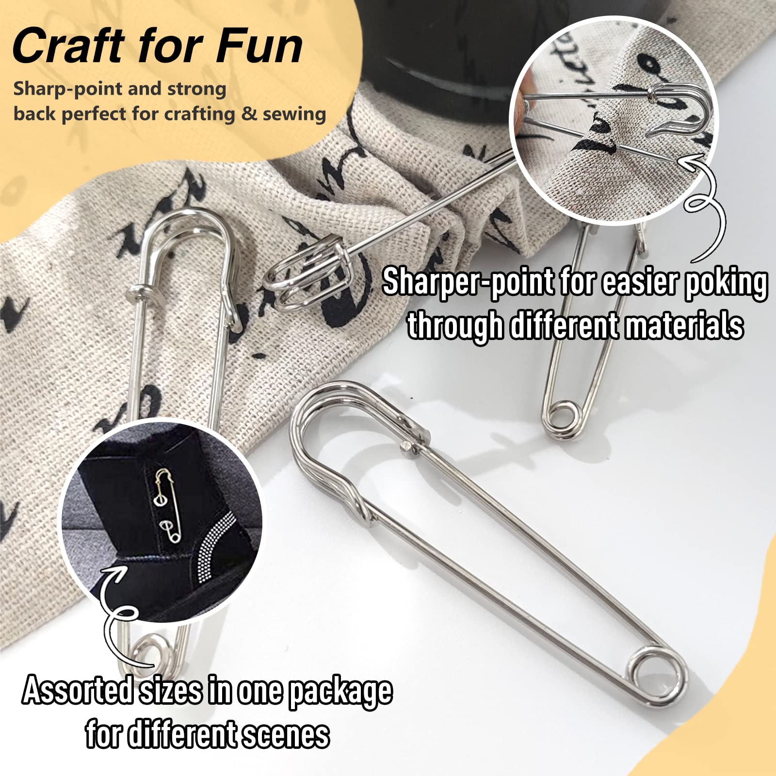 WISYOK 48 Pcs Heavy Duty Safety Pins Assorted Sizes 2'', 2.8'', 3'', Large Safety Pins, Pack of 48 Strong, Sturdy Bulk Pins, for Clothes, Blankets, Crafts, Kilts, Stainless Steel Wire Extra Sturdy