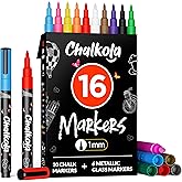 Chalkola Extra Fine Tip Chalk Markers for Blackboard & Glass (Pack of 16, 1mm Point) | Window Marker, Liquid Chalk Pens for Acrylic Dry Erase Board, Mirror, Car | Thin Chalkboard Markers Erasable
