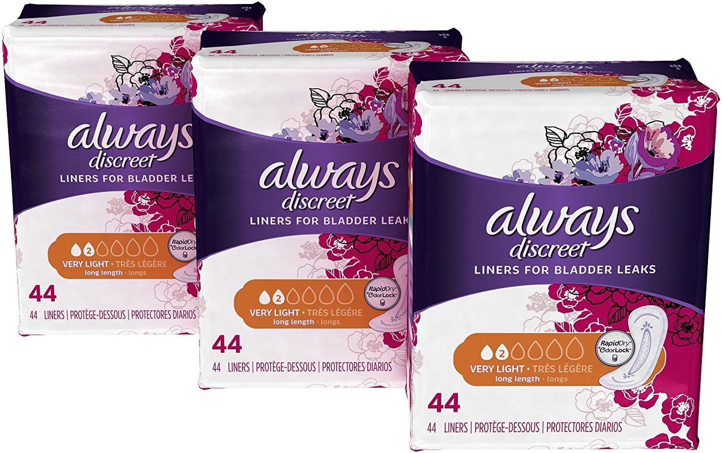 Always Discreet Incontinence and Postpartum Liners, Very Light Absorbency, Long Length, 132 Count, Packaging may vary: Health & Personal Care