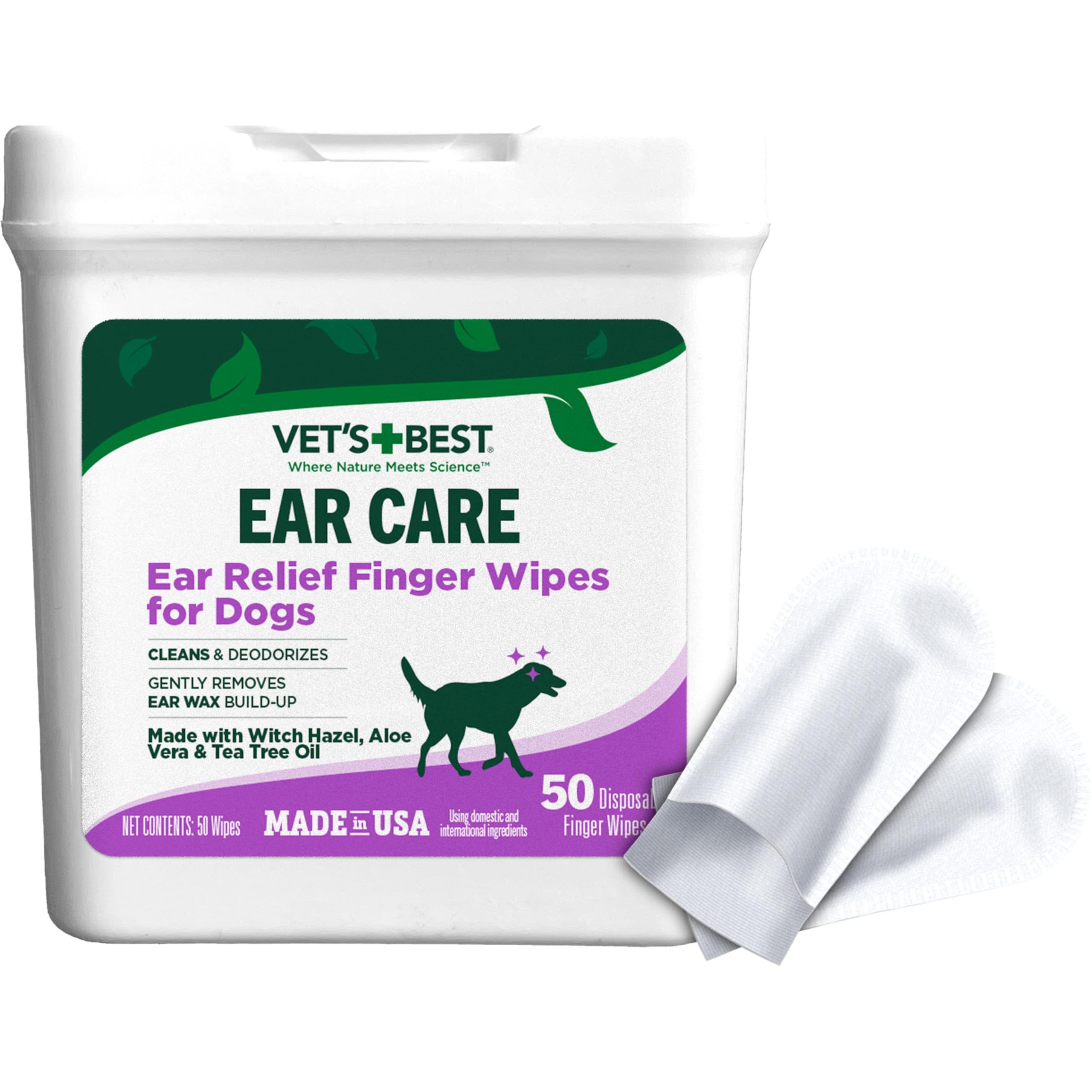 Vet's Best Ear Relief Finger Wipes | Ear Cleansing Finger Wipes for Dogs | Sooths & Deodorizes | 50 Disposable Wipes