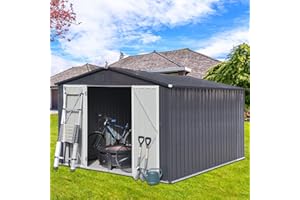ZYERCH 10X8 FT Outdoor Storage Shed with Floor Frame, Large Garden Shed for Lawn Mower, Garbage Can, Bike, Motorcycle, Metal Tool Sheds for Patio, Lawn, Waterproof Storage House, Gray
