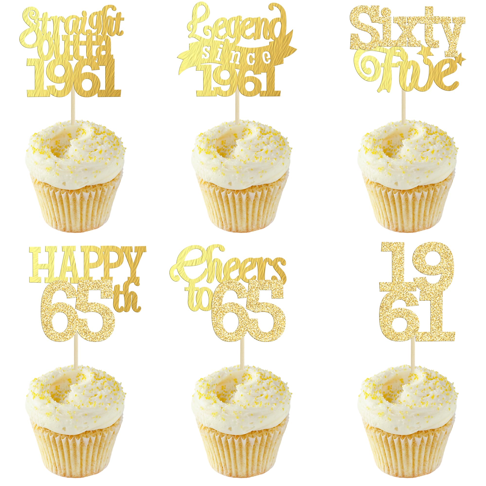 Gyufise 24Pcs Happy 65th Birthday Cupcake Toppers Hello Sixty Five Legend Since 1961 Cupcake Picks Cheers to 65 Years Cake Decorations for 65th Birthday Anniversary Party Supplies Gold