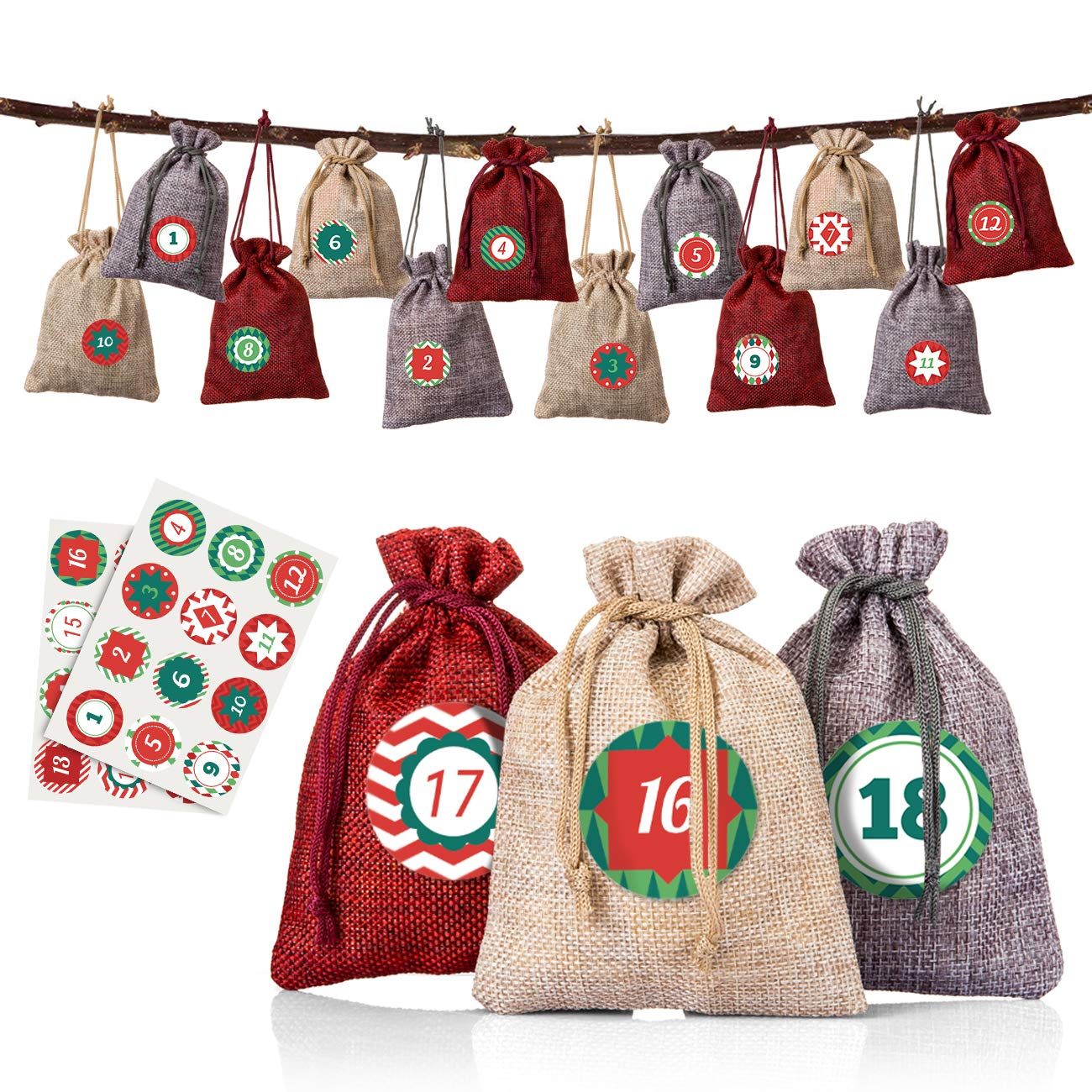Naler Advent Calendar 2025 Christmas Drawstring Pouches Jute Gift Bags Set of 24 10 x 14 cm 3 Colours Linen Hemp Bags with Cord Jewellery Gift Advent Calendar Pouches Christmas Decoration