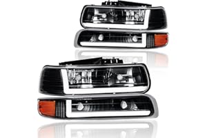 DimFlux LED DRL Headlight Assembly, Headlights Kit Compatible with 1999-2002 Chevy Silverado 1500 2500/2001-2002 Silverado 1500HD 2500HD 3500HD Replacement Headlamp Black Housing Amber Reflector