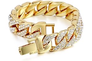 WIKAVANLI Mens Womens Cuban Link Bracelet Hip Hop Bracelet Stainless Steel Chain Bracelet Iced Out Curb Cuban 18k Gold Plated Bracelet With Clear Rhinestones