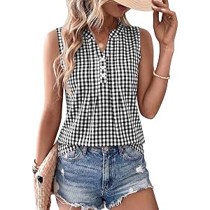 LOMON Womens Cotton Linen Tank Tops V Neck Pleated Spring Summer Sleeveless Shirts