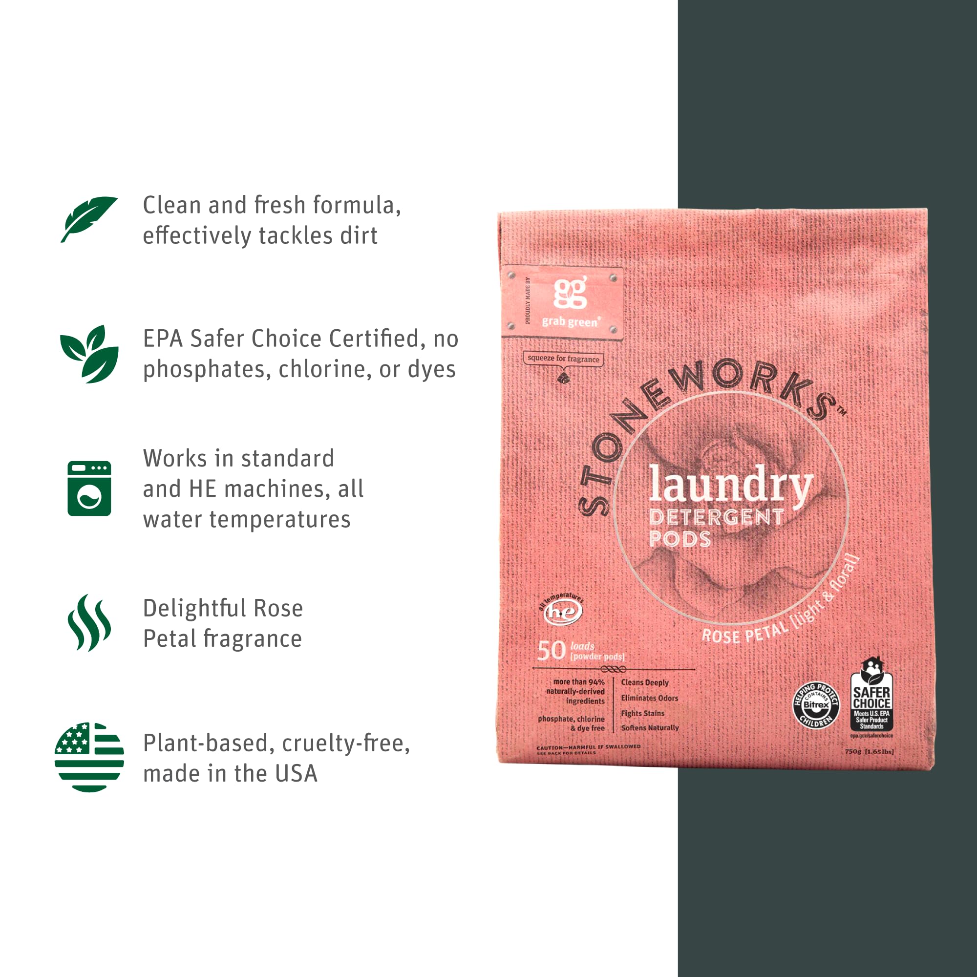 Grab Green Stoneworks Laundry Detergent Pods Sample Kit, 10 Count, Birch Branch, Fragrance Free Rain, Oak Tree, Olive Leaf, Rose Petal Scents, Plant a