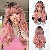 Osicapea Ombre Pink Wigs with Bangs for Women, Natural Wavy Curly Hair Ladies Woman Heat Resistant Synthetic Wig 22 Inch Long Wig for Women's Cosplay Costume Party Daily Use
