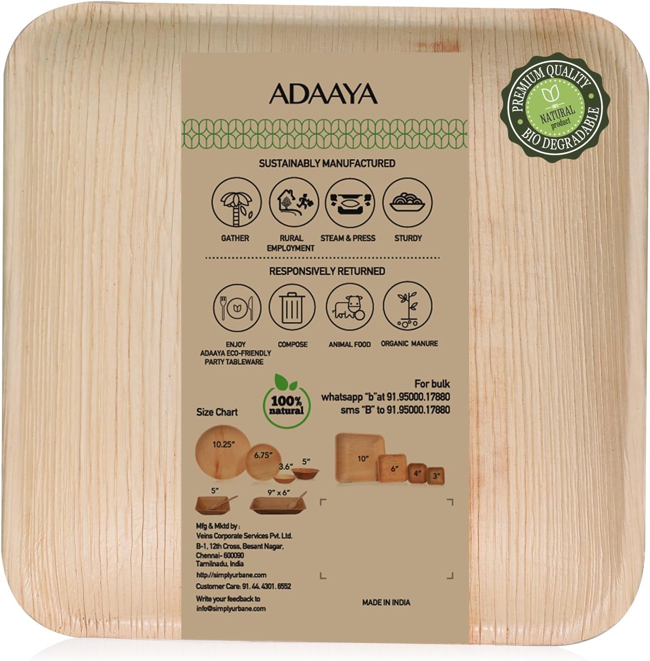 Adaaya- 6" Square(Pack of 25s) Areca- Palm Disposable Dessert Quarter Plate. 100% Natural, Eco-Friendly, Biodegradable, Naturally Compostable.Best Suited for Birthday party,Wedding,Camping, Catering