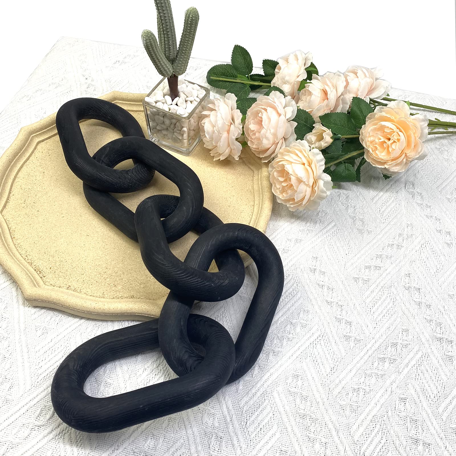 Wood Chain Link Decor | Hand Boho Carved Decor for Table, Shelf Decor Accents Rustic Farmhouse Aesthetic 5 Link Chain Knot Decor, Home Living Room, Bedroom, Entryway Coffee Table Decor (Black)