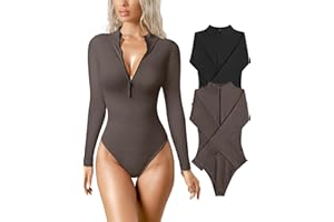 OQQ Women's 2 Piece Bodysuits Sexy Ribbed One Piece Zip Front Long Sleeve Tops Bodysuits