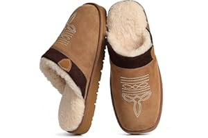 OOW Genuine Suede Cowboy Boot Slippers for Mens Western House Slippers Indoor and Outdoor Square Toe