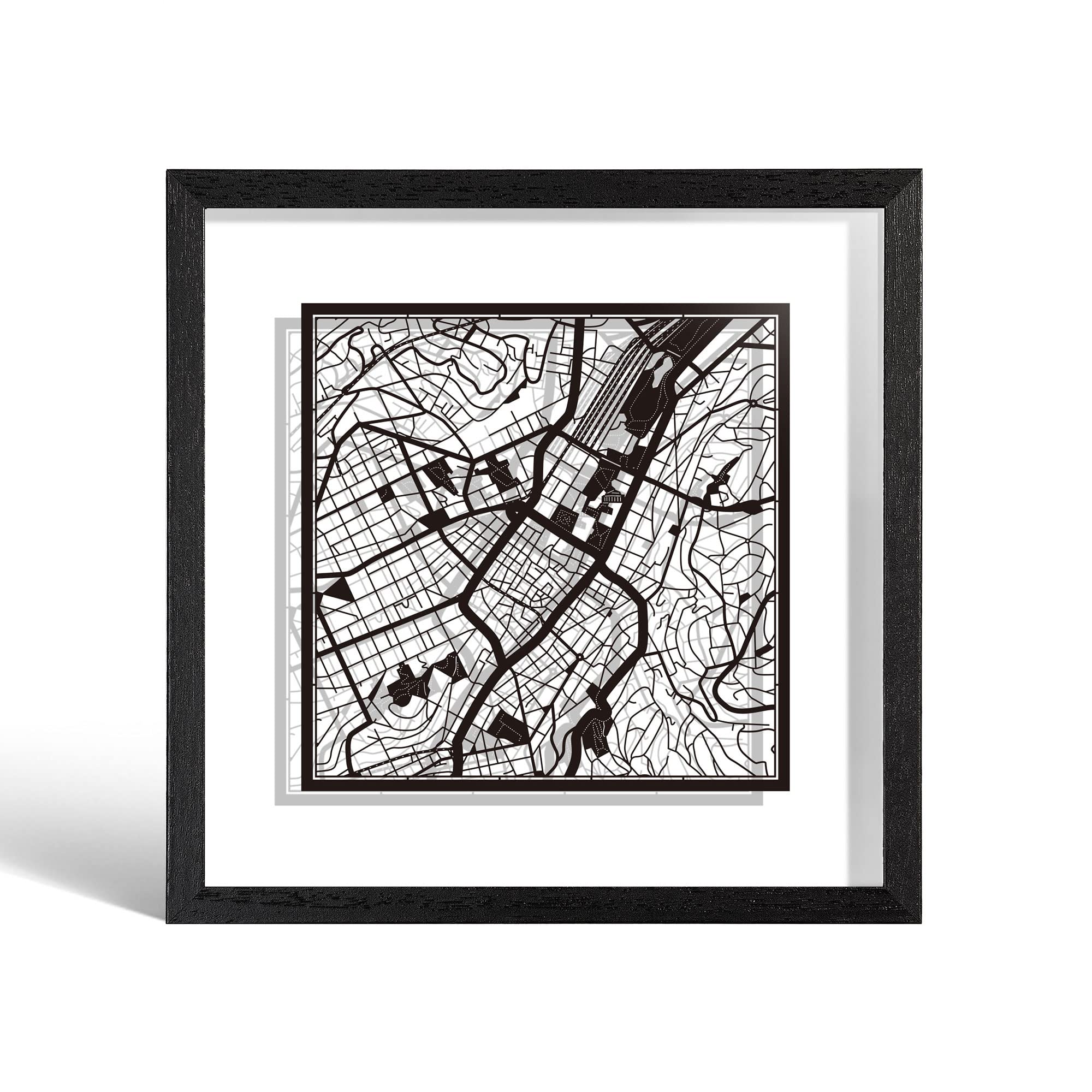 O3 DESIGN STUDIO Stuttgart Paper Cut Map framed, Black map, Black frame, 9x9 inches, Gift Boxed, 2 background color, self-changing, Paper Art