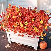 Artificial Fall Flowers for Outdoor, 12 Bundles Faux Pansy Fake Mums Flowers Plants Outdoor Fall Decor, UV Resistant No Fade Silk Flower for Porch Planter Patio Yard Garden(Orange Autumn Sunset Red)