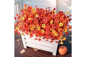 INQCMY Artificial Fall Flowers for Outdoor, 12 Bundles Faux Pansy Fake Mums Flowers Plants Outdoor Fall Decor, UV Resistant No Fade Silk Flower for Porch Planter Patio Yard Garden(Orange Autumn Sunset Red)