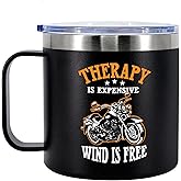 Panvola Therapy Is Expensive Wind Is Free Motorcycle Gifts Biker Rider For Dad Husband Boyfriend Uncle Travel Mug Insulated Coffee Mug with Handle and Lid Camping Travel Thermal Mugs 14 oz Black