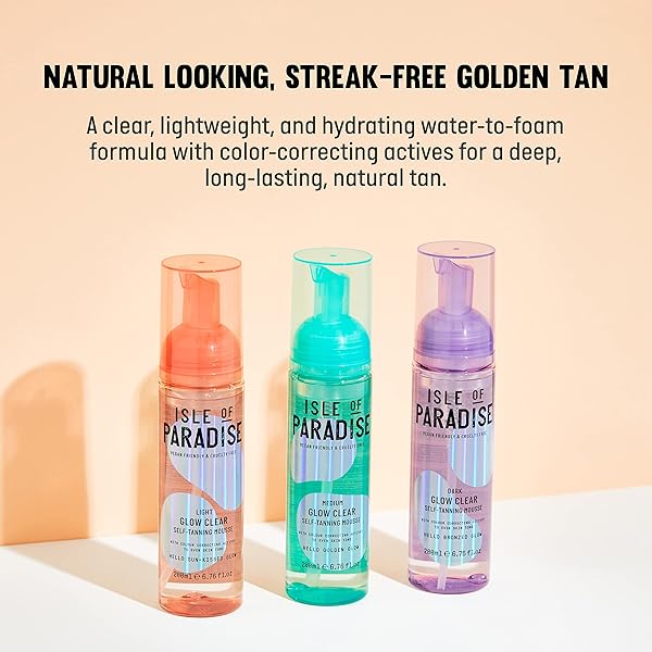 ISLE OF PARADISE GLOW CLEAR SELF-TANNING MOUSSE, MEDIUM (GOLDEN GLOW) – RED CANCELLING AND COLOR CORRECTING TANNING FOAM, VEGAN AND CRUELTY FREE, 6.76 FL OZ