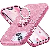 Wisdompro Case for iPhone 15, for iPhone 14, for iPhone 13, Cute Glitter Bling Sparkle Protective Case with Ring Kickstand, Women Girls Phone Case for 6.1 Inch iPhone 15/14/13 - Pink