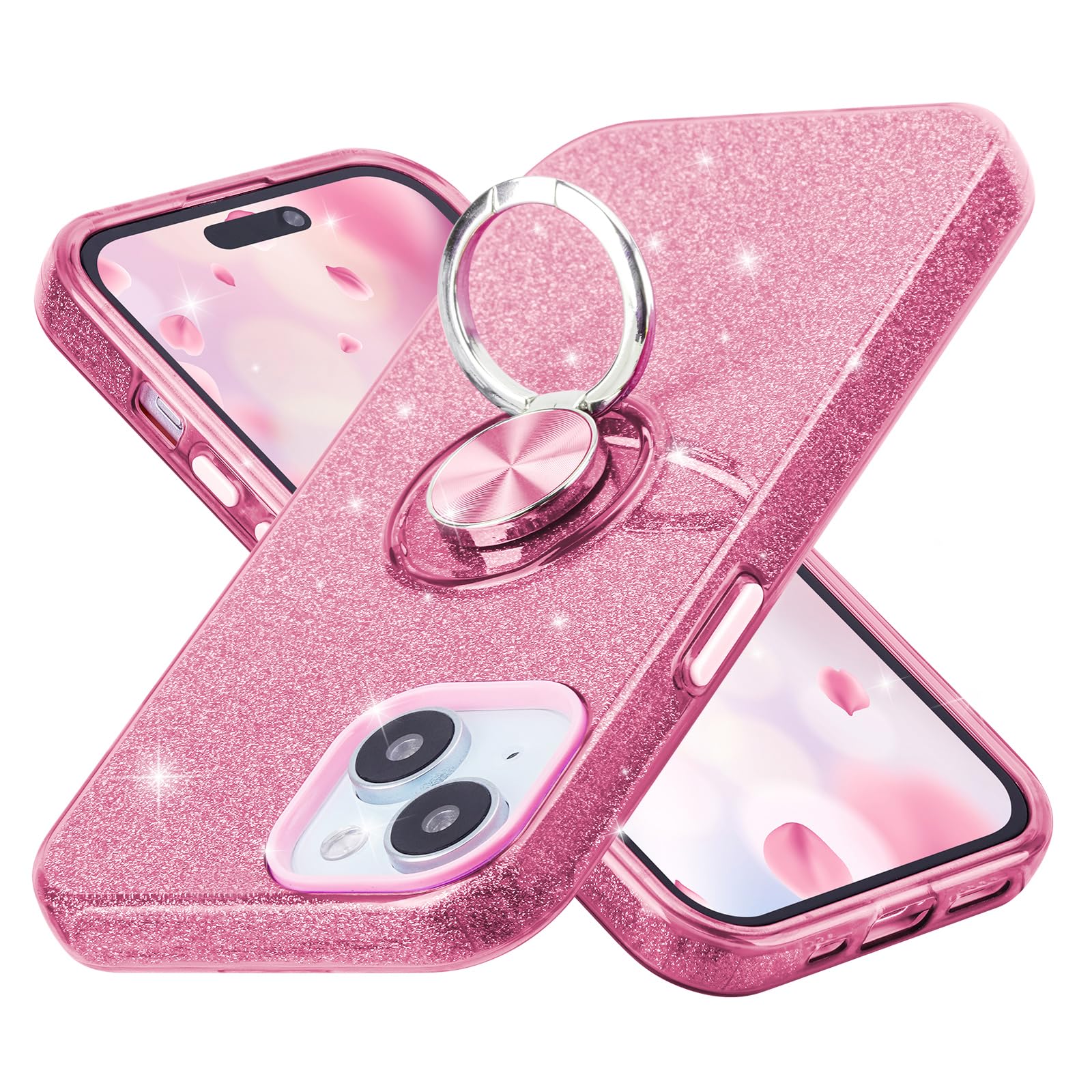 wisdompro Glitter Case for iPhone 15 Plus/14 Plus (6.7 Inch), Bling Sparkle Case with 360° Ring Kickstand for Girls Women, Cute Sparkly Protective Phone Cover - Pink