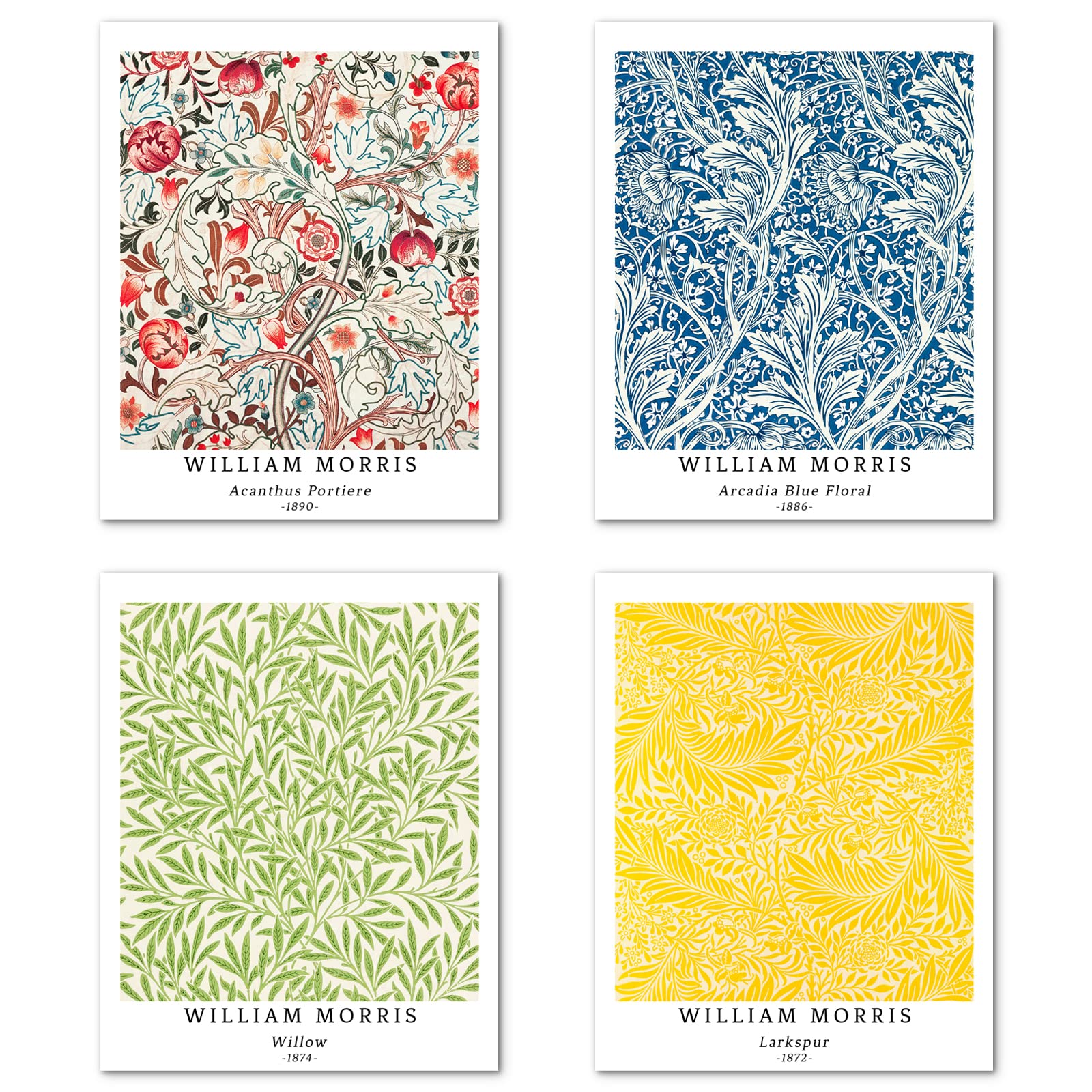 Berkin Arts Wall Art Unframed Prints Giclee Art Paper Set of 4, 8x10 inch Flower Artwork, Home Decoration Botanical Floral Plant Nature Palm Leaf Elegant Colorful Wilderness William Morris Posters