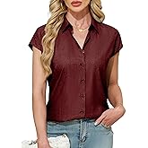 Ruisin Womens Linen-Look Cap Short Sleeve Button Down Shirts for Women Blouses Collared Shirt Summer Tops Wrinkle Resistant
