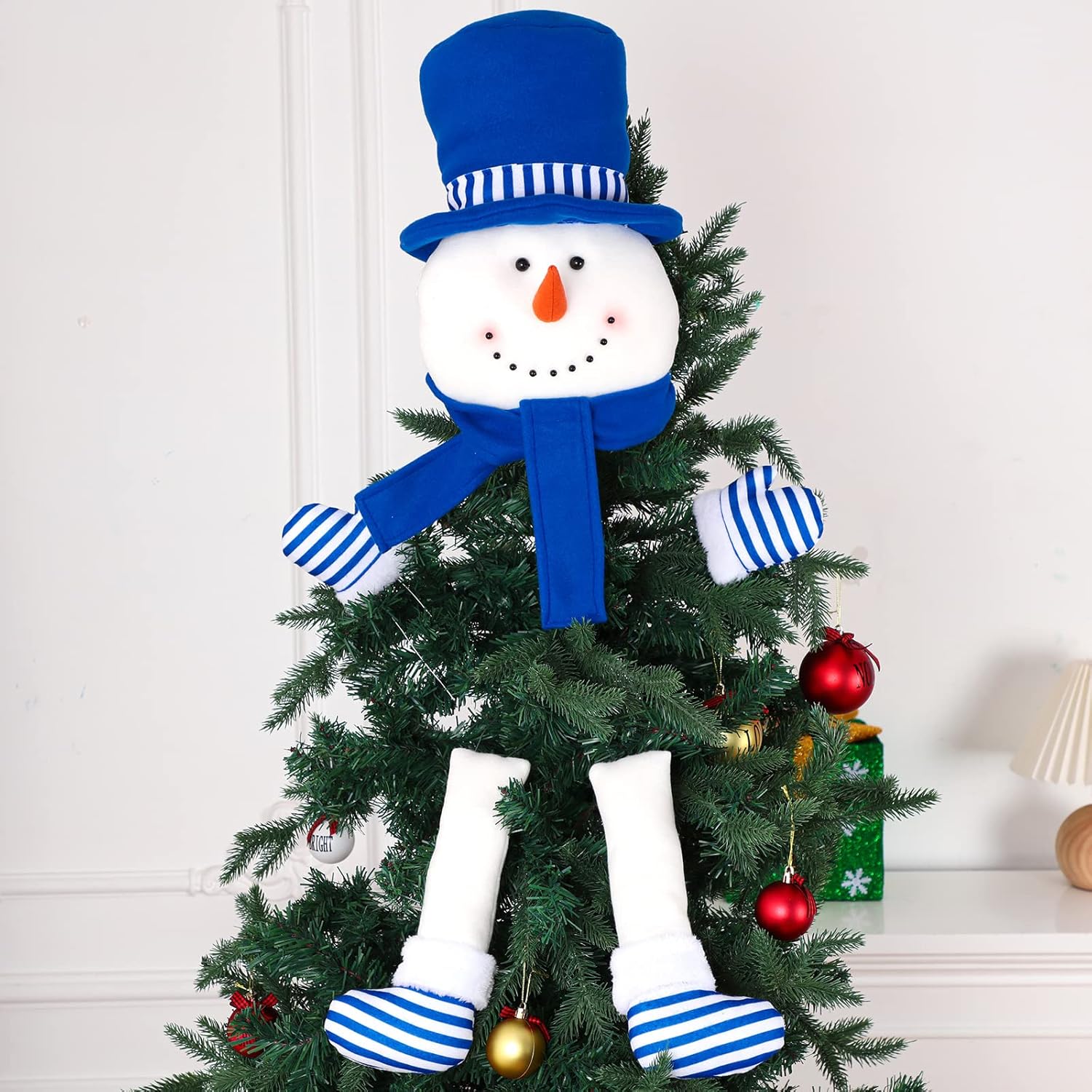 Tree Toppers - 5 Pcs Christmas Tree Topper Snowman Hug Blue Snowman Decor Kit Snowman Hug with Large Hat Scarf Poseable Arms and Legs for Xmas Tree Wreath Holiday Winter Wonderland Party Decor