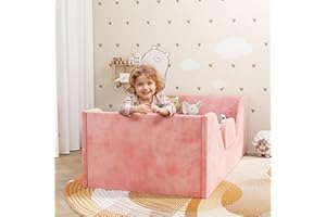 SOFTLYNICE Toddler Bed, Toddler Floor Bed Frame with Guard Rails, Small Bed for Kids Boys and Girls Aged 2-6 Years, Standard Crib Mattress Toddler Beds, Certified Fabric Toddler Beds(Big Pink)