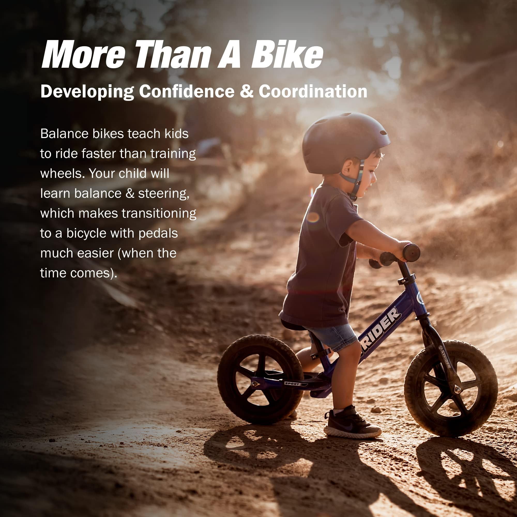 Strider 12” Sport Bike - No Pedal Balance Bicycle for Kids 1 to 4 Years - Includes Safety Pad, Padded Seat, Mini Grips & Flat-Free Tires - Tool-Free Assembly & Adjustments