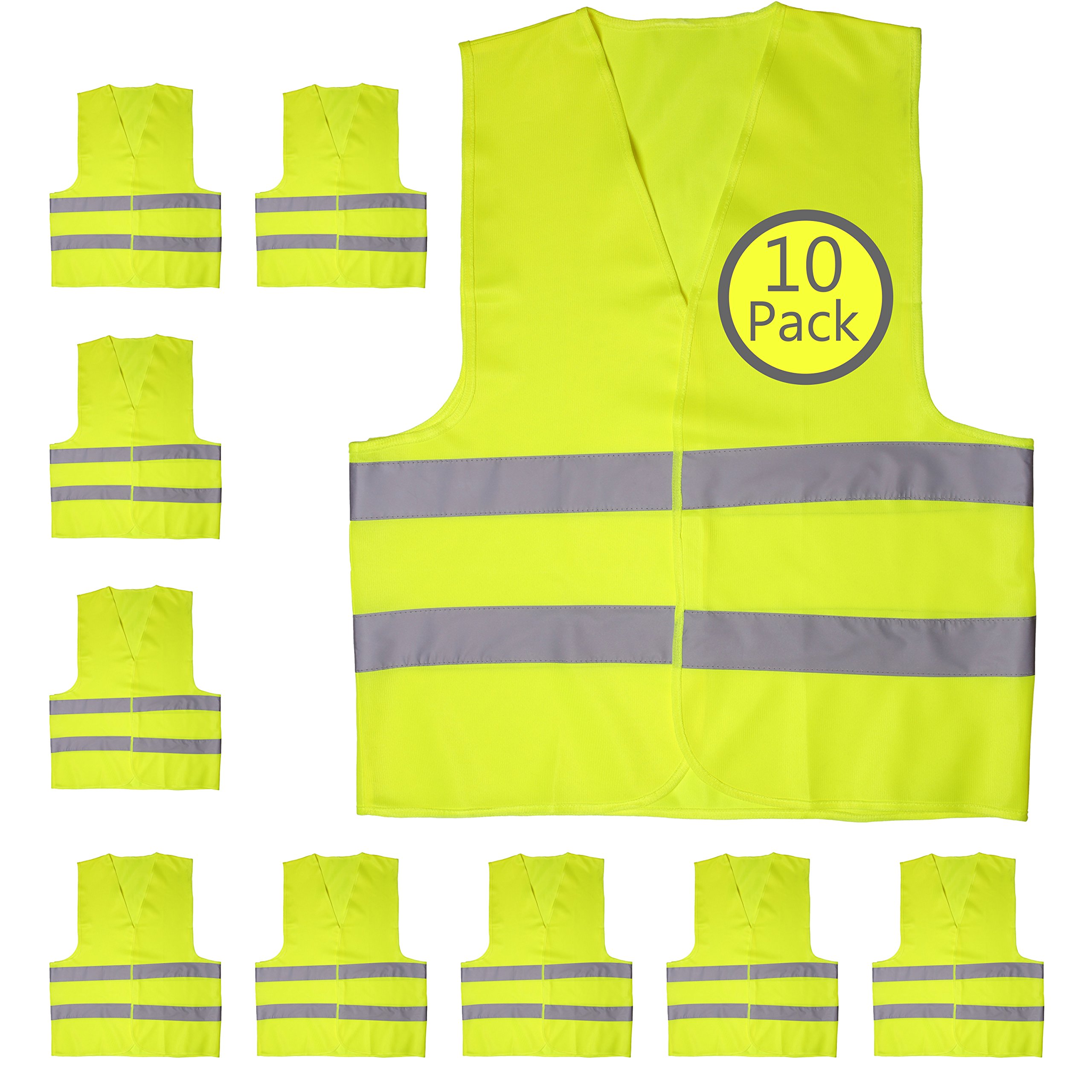 Yellow Safety Reflector Vests bulk, Pack of 10 Bright Construction