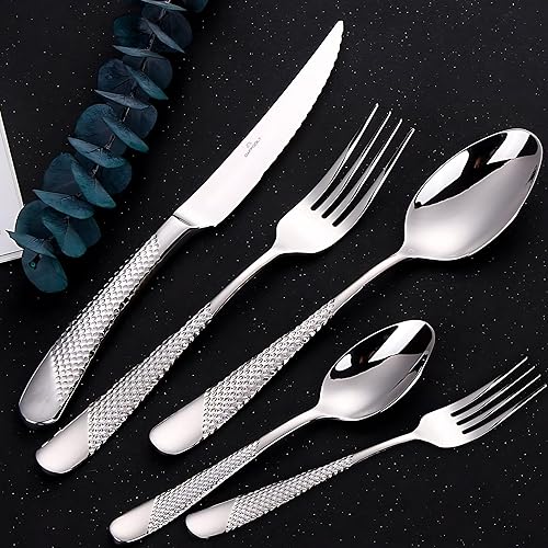 DAFFODILY Luxury Cutlery Set 30 Piece 18/10 Stainless Steel Cutlery Set for 6 with 2-in-1 Steak Knives, Dishwasher Safe, Mirror Finished, Elegant Gift Box Included.